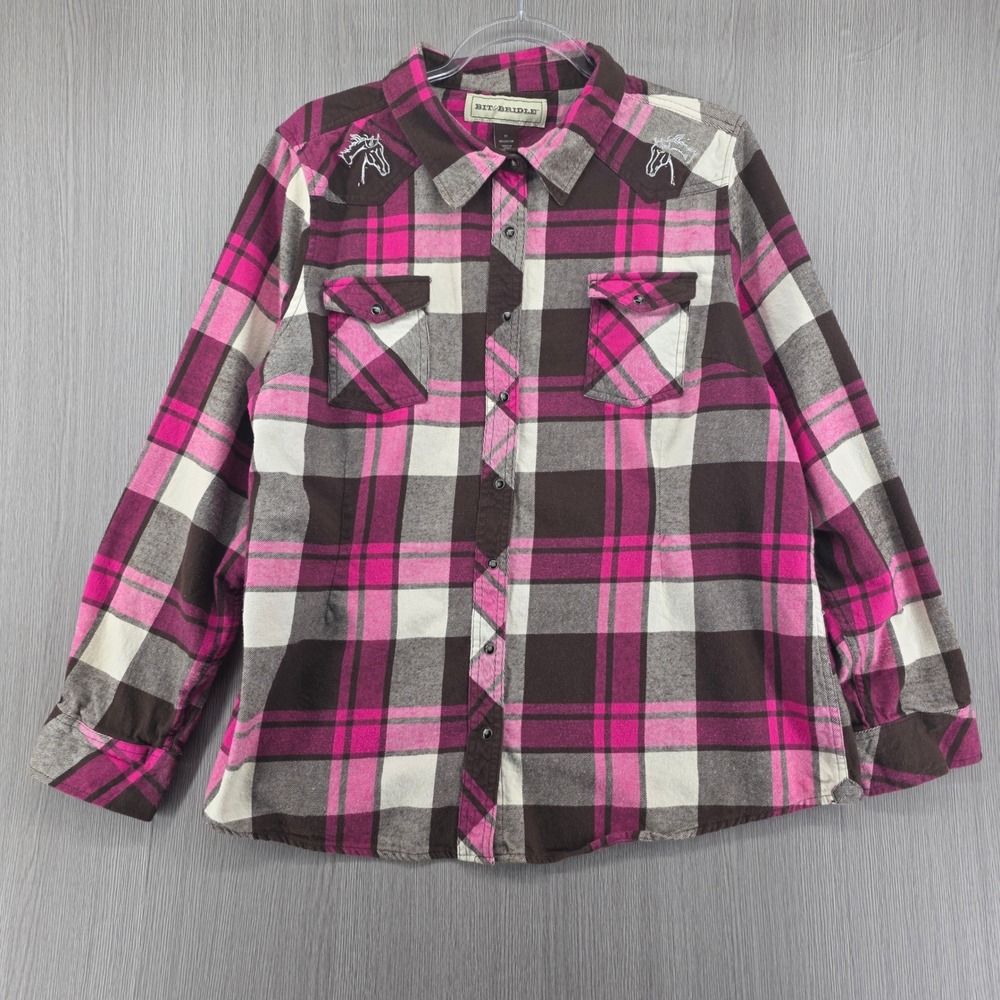 Bit & Bridle Top Womens Size 1X Plaid Flannel Pearl Snap Western
